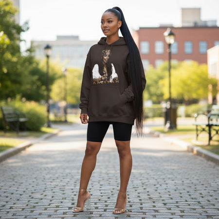 Hush Boutique Aaliyah graphic print brown unisex hoodie with bandana and white shirt.