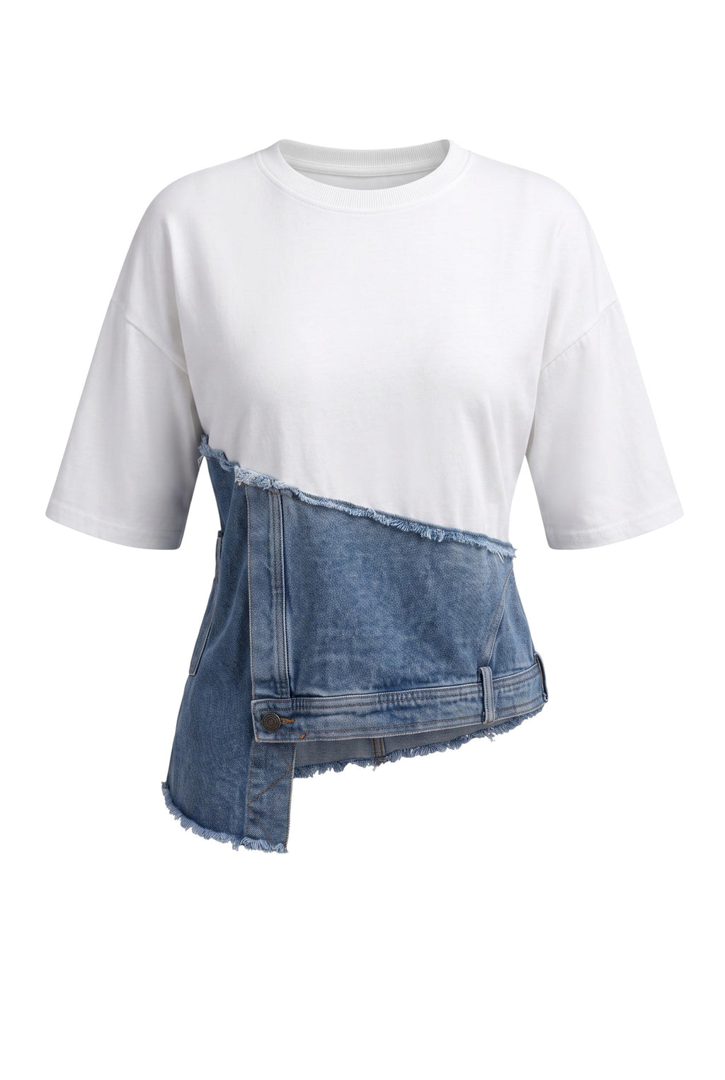 Hush Boutique white cotton t-shirt with an asymmetrical raw-edge blue denim waist overlay and relaxed fit.