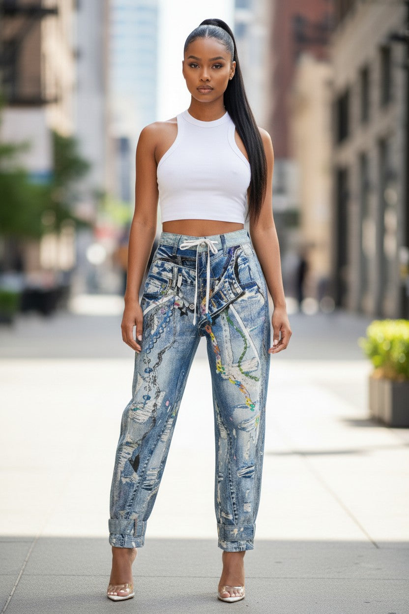 Hush Boutique The Art District Barrel Digital Jean with drawstring waist, adjustable leg openings, and all-over print.