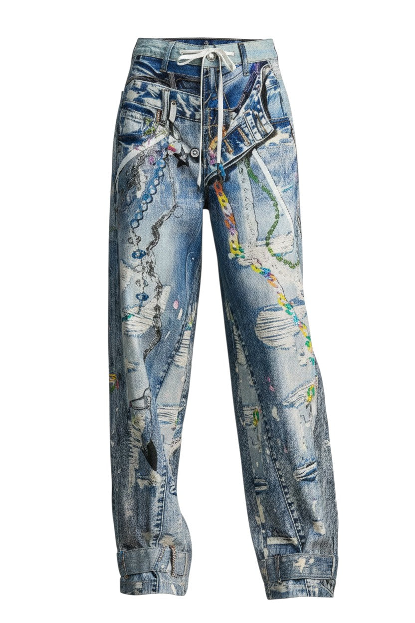 Hush Boutique The Art District Barrel Digital Jean with drawstring waist, adjustable leg openings, and 5-pocket construction.