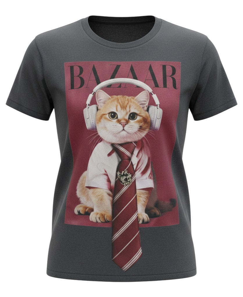 Hush Boutique BAZAAR graphic tee with a cat wearing headphones and a tie. Dark grey cotton.