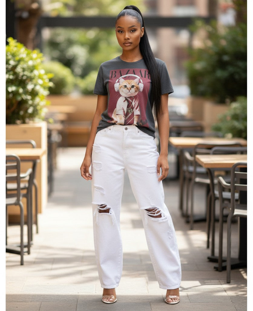 Hush Boutique BAZAAR graphic t-shirt with a cat wearing headphones and a tie. Dark grey cotton.