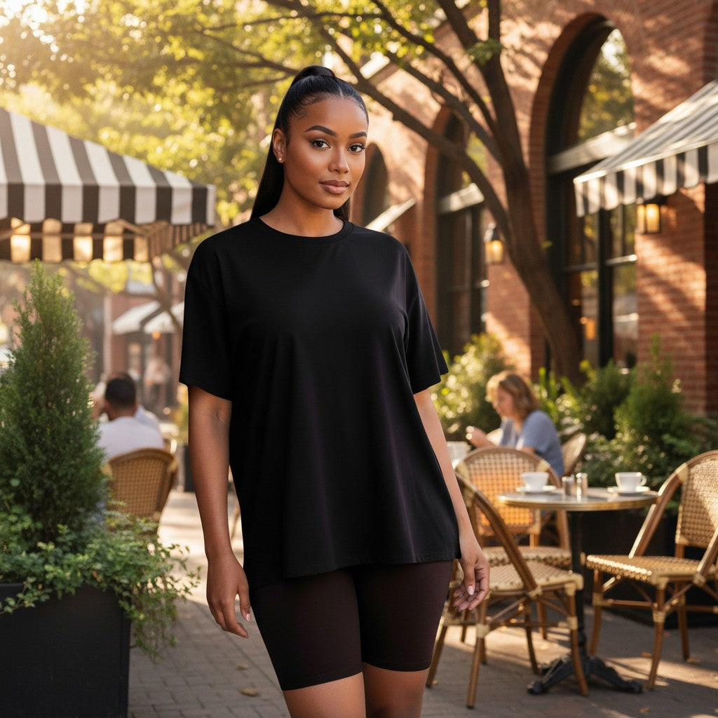 Hush Boutique black oversized t-shirt and biker shorts set for plus and regular sizes. Stretchy fabric for comfort.