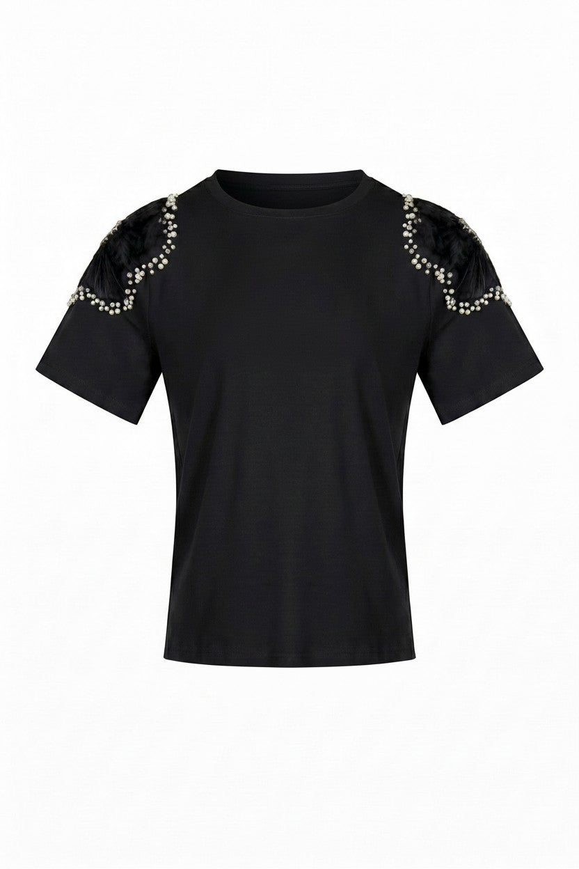 Hush Boutique black knit shirt featuring sheer floral shoulders with pearl and crystal embellishments