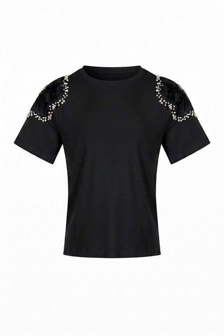 Hush Boutique black knit shirt featuring sheer floral shoulders with pearl and crystal embellishments