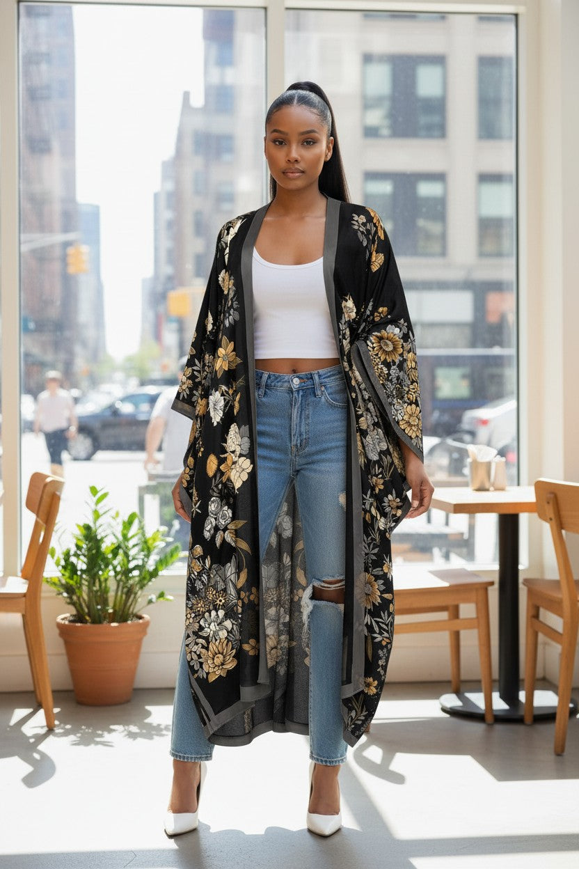 Hush Boutique black floral print kimono, one size fits up to 20. Versatile for beach or casual wear.