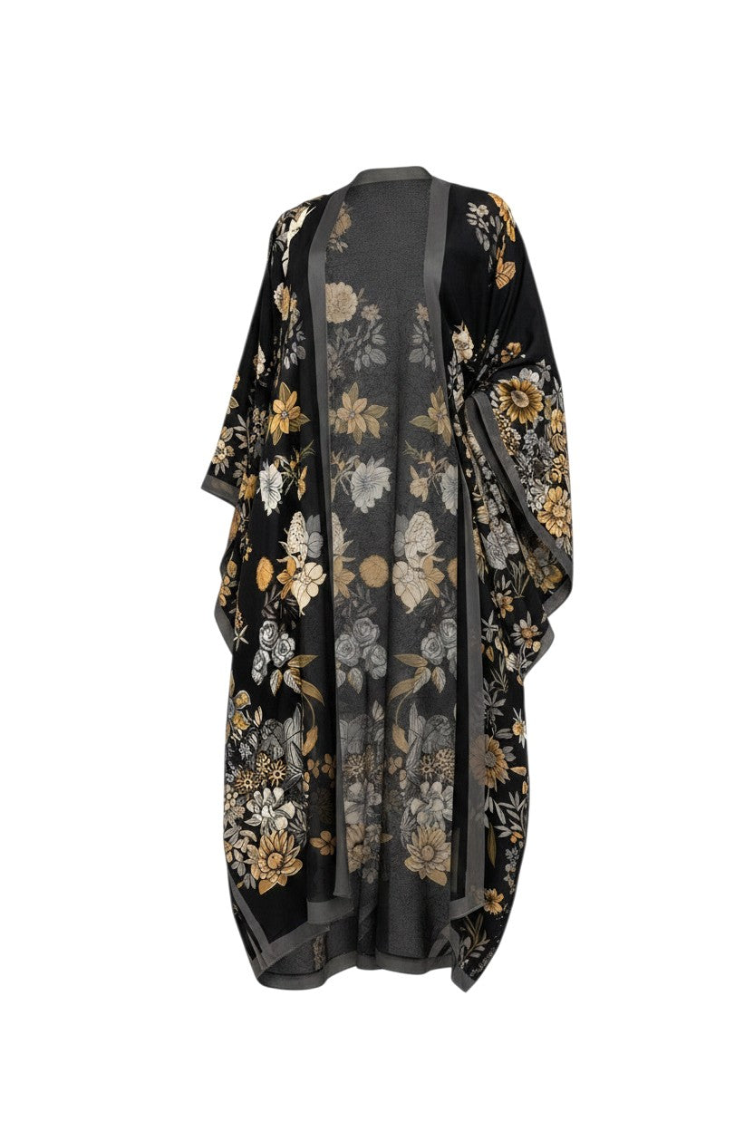 Hush Boutique black floral print kimono with grey trim, one size fits up to 20. Versatile for beach or casual wear.