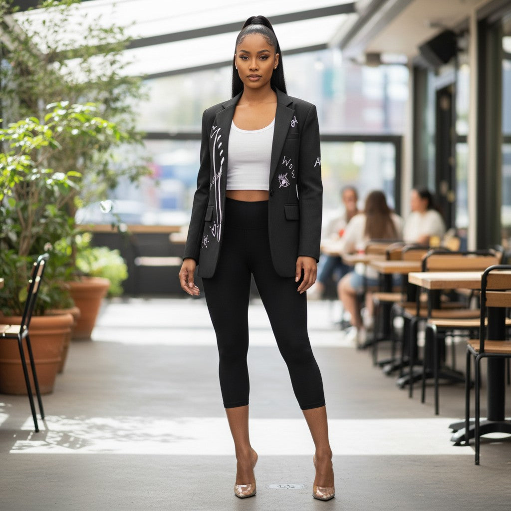 Hush Boutique Roped Up Blazer, black with white graphic print, featuring hearts and text.