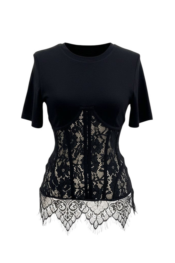 Hush Boutique black short sleeve knit top with contrast lace corset detail and scoop neckline.