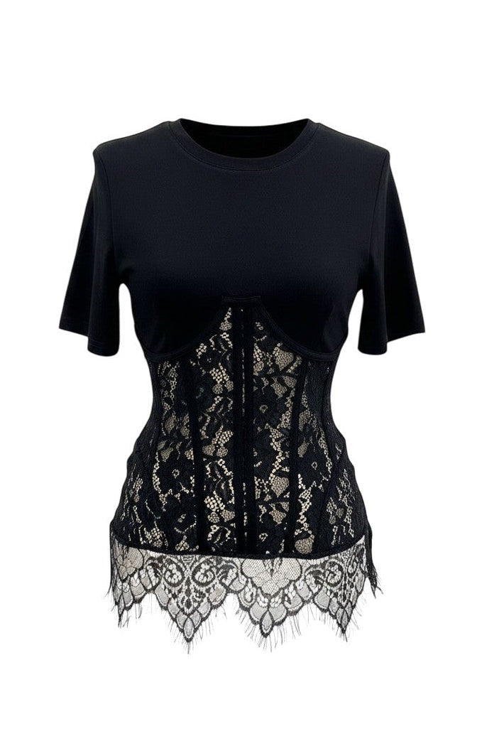 Hush Boutique black short sleeve knit top with contrast lace corset detail and scoop neckline.