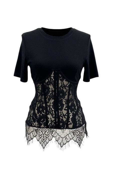 Hush Boutique black short sleeve knit top with contrast lace corset detail and scoop neckline.