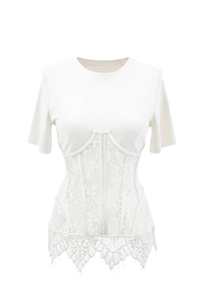 Hush Boutique black short sleeve knit top with contrast lace corset detail and scalloped lace hem.