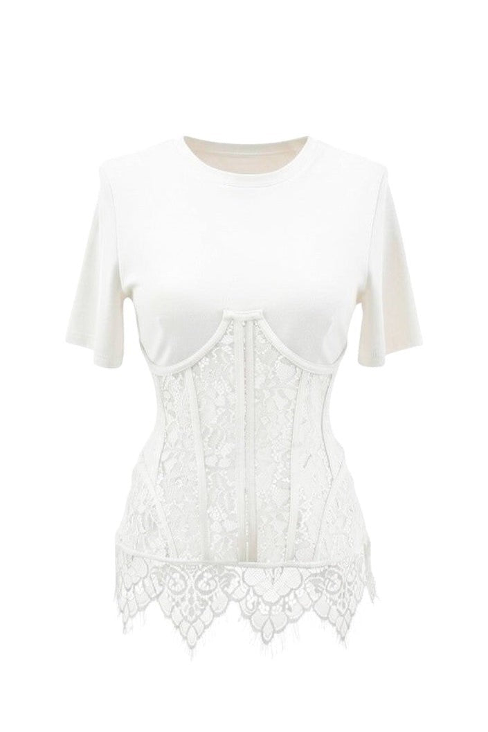 Hush Boutique black short sleeve knit top with contrast lace corset detail and scalloped lace hem.