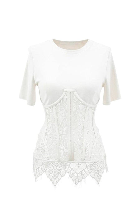 Hush Boutique black short sleeve knit top with contrast lace corset detail and scalloped lace hem.
