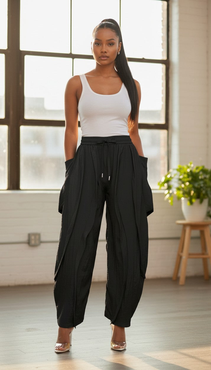Hush Boutique black plus size elastic waist ruffle resort wear pants with drawstring