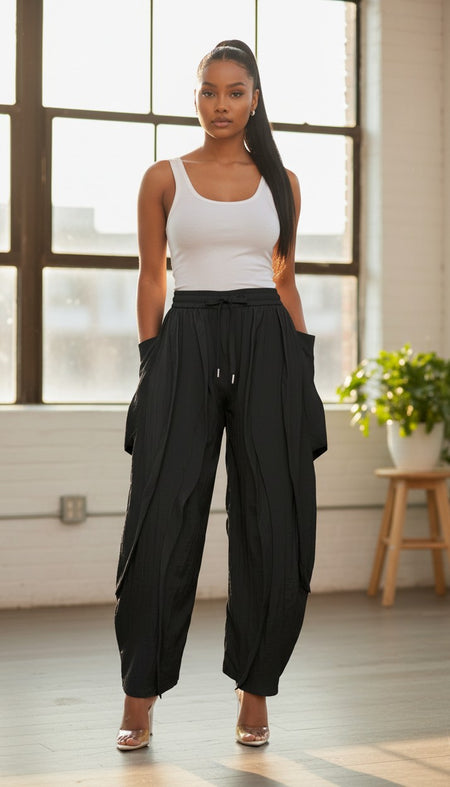 Hush Boutique black plus size elastic waist ruffle resort wear pants with drawstring
