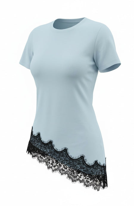 Hush Boutique light blue cotton t-shirt with a black lace asymmetrical hem and crew neck