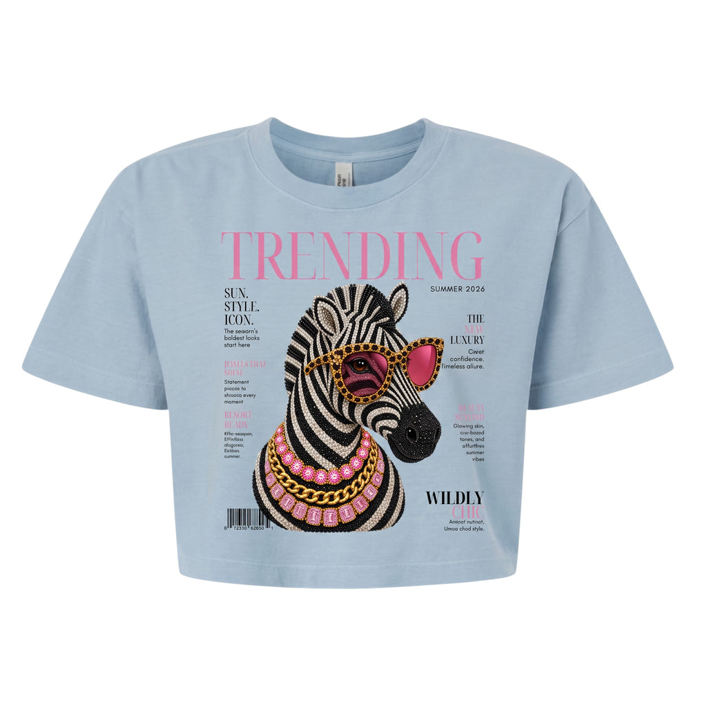 Hush Boutique light blue garment dyed crop t-shirt featuring a graphic print of a zebra wearing pink sunglasses