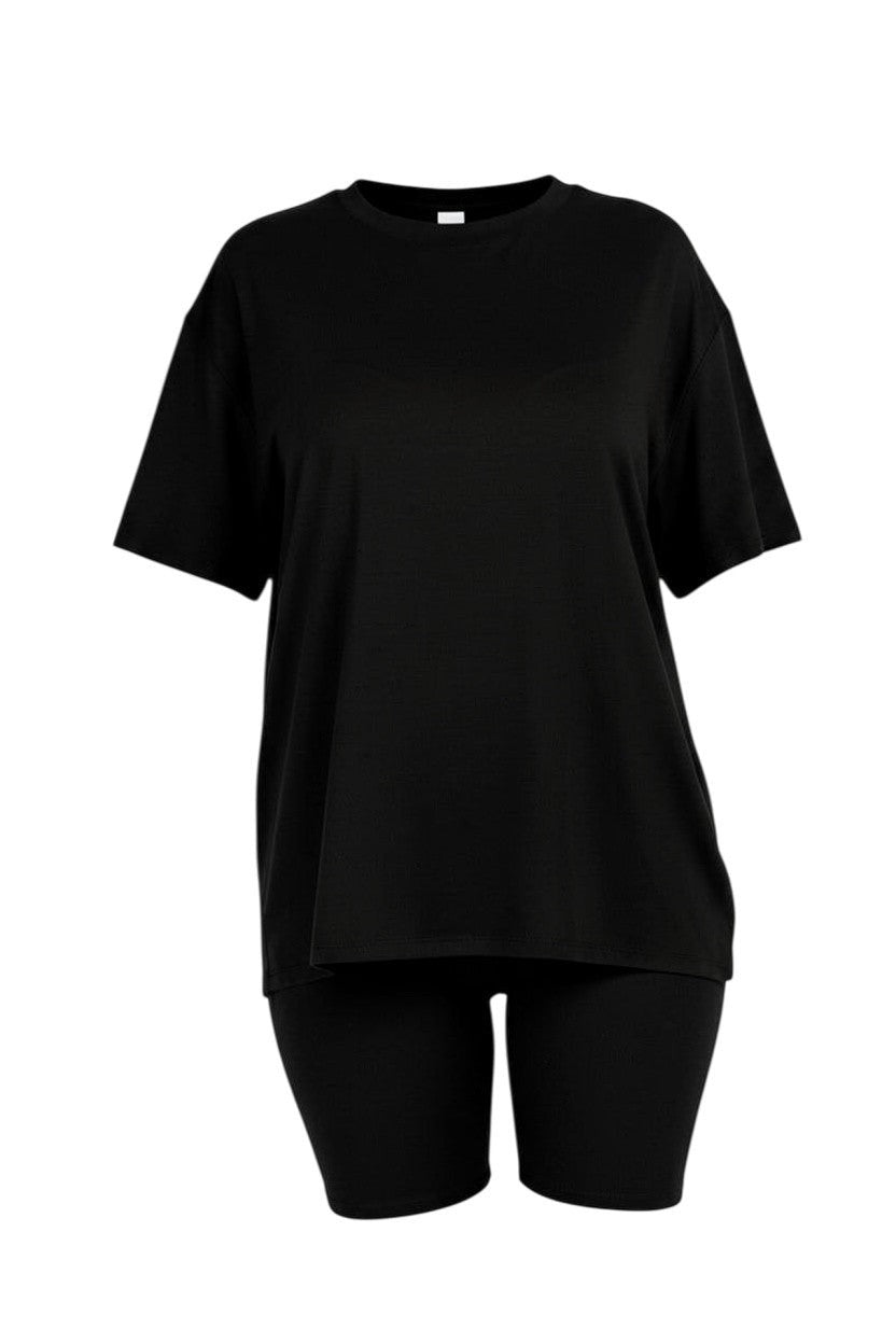 Hush Boutique brown ribbed knit oversized t-shirt and biker shorts set. Loose fit top with short sleeves and high-waisted shorts.