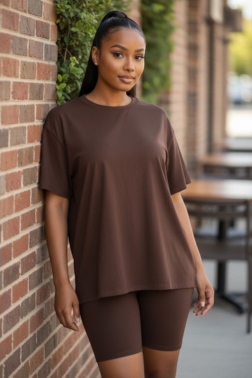 Hush Boutique brown oversized t-shirt and biker shorts set. Stretchy, comfortable, and stylish for casual wear.