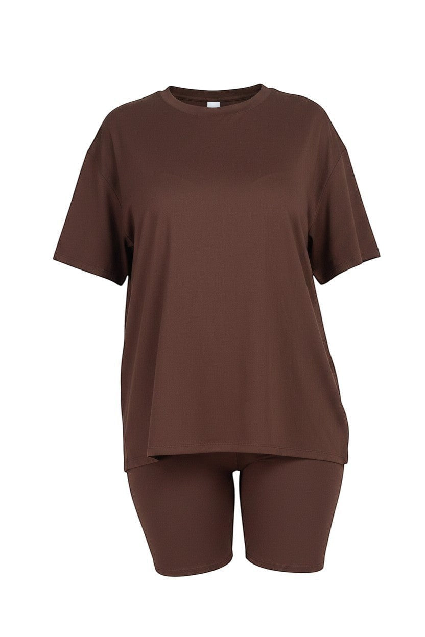 Hush Boutique brown cotton blend oversized t-shirt and biker shorts set for plus and regular sizes.