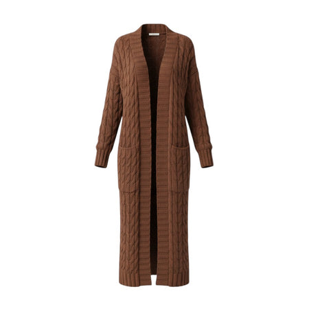 Hush Boutique brown oversized cable knit maxi open sweater with pockets.