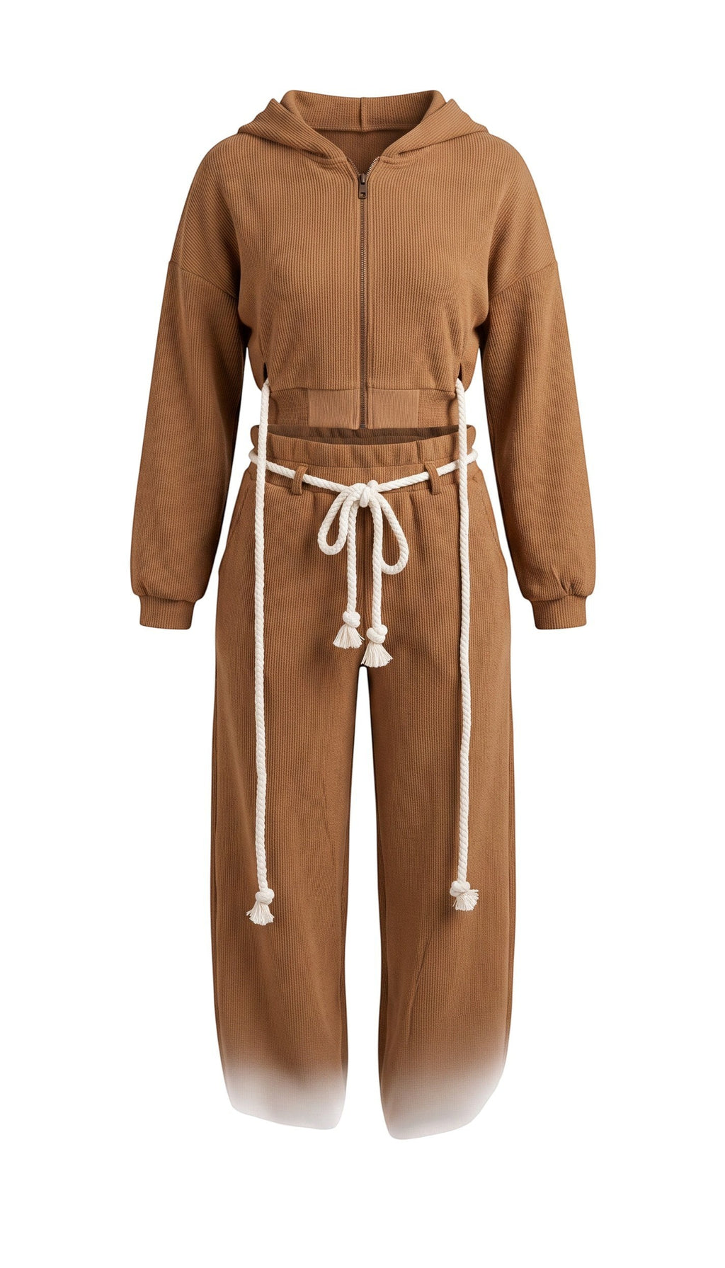 Hush Boutique brown two-piece set featuring a cropped zip-up hoodie and wide-leg sweatpants with rope waist ties.