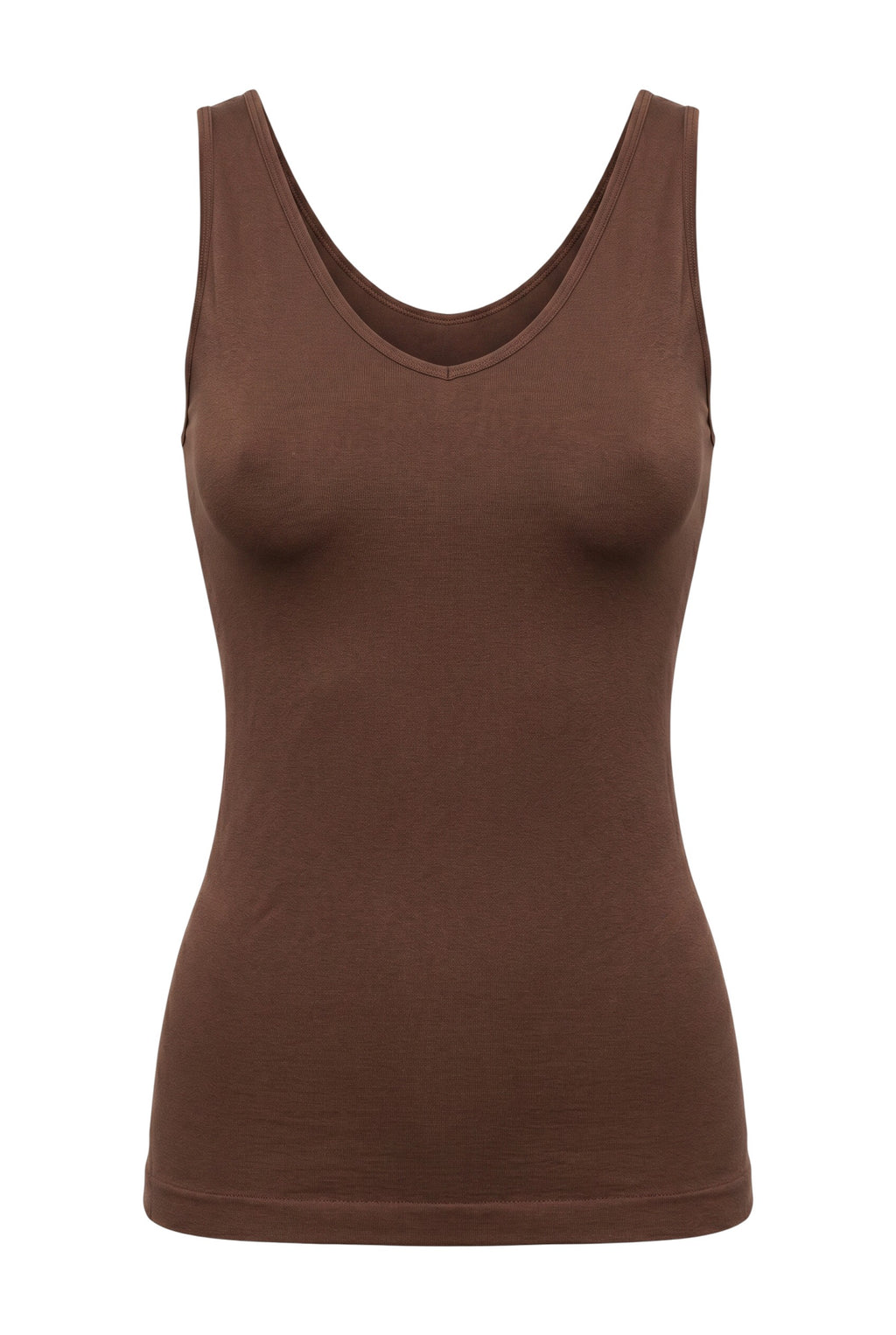 Hush Boutique brown seamless tank top with a versatile 2-way V-neck and U-neck design in a slimming nylon spandex blend.