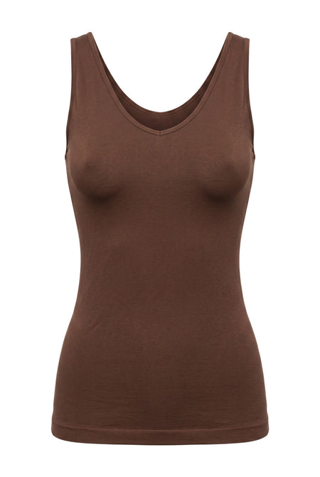 Hush Boutique brown seamless tank top with a versatile 2-way V-neck and U-neck design in a slimming nylon spandex blend.