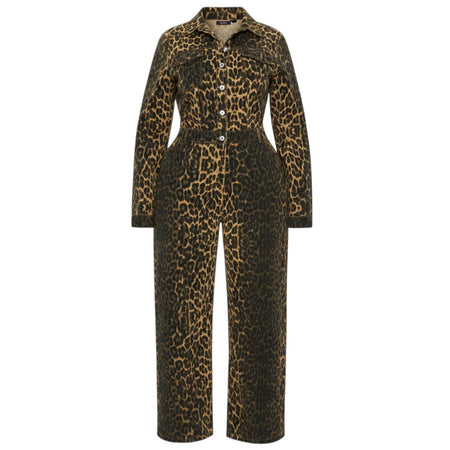 Hush Boutique Cheetah Girl Barrel Denim Jumpsuit with a leopard print, collared neckline, and button-up front. Runs small, no stretch.