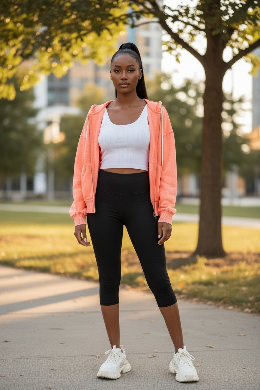 Hush Boutique coral acid wash fleece cropped zip-up hoodie jacket with drawstring hood and pockets.