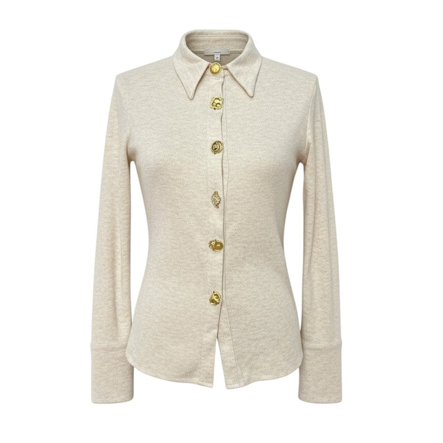 Hush Boutique cream knit shirt with statement gold charm buttons, pointed collar, and long sleeves.