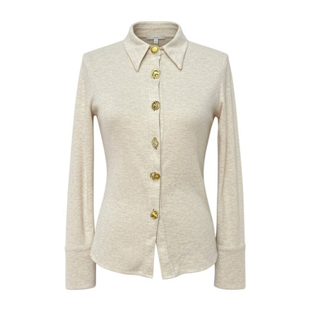 Hush Boutique cream knit shirt with statement gold charm buttons, pointed collar, and long sleeves.