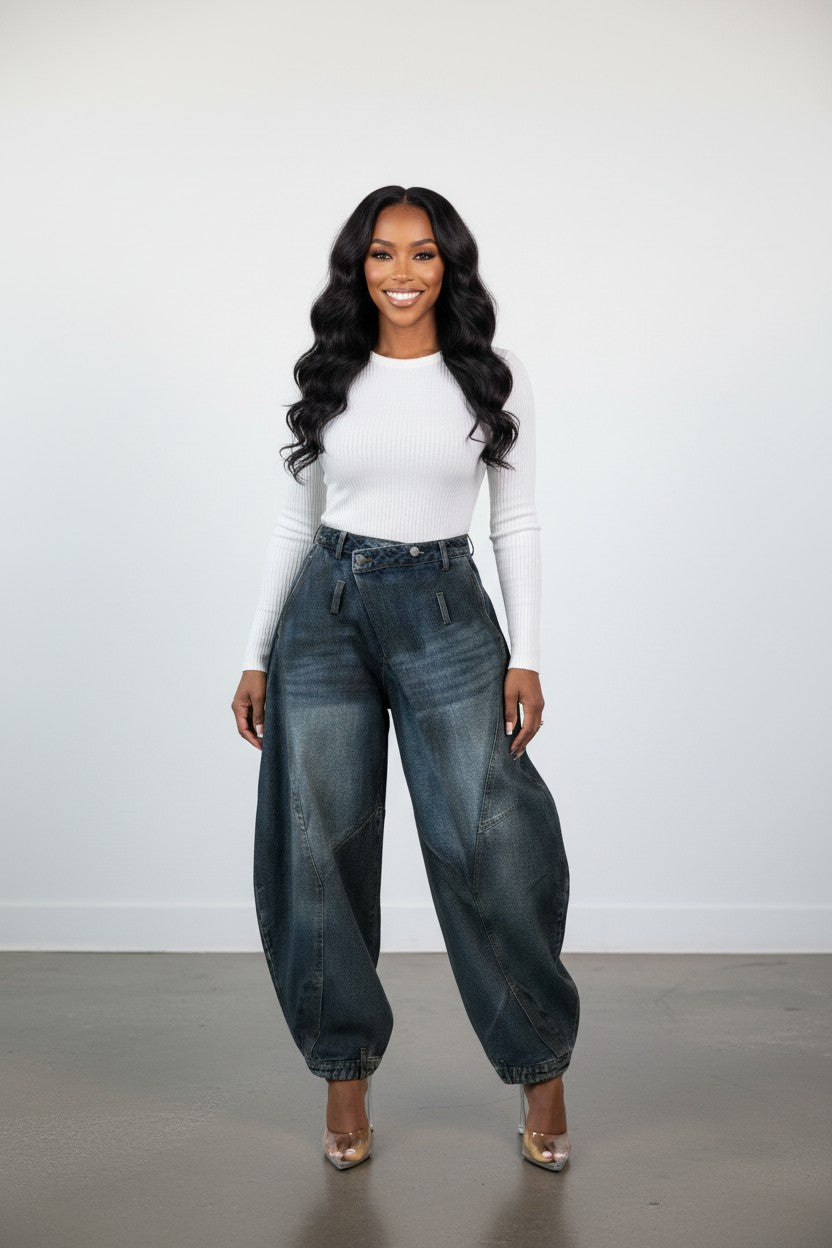 Hush Boutique Willow Vintage Crossover Barrel Jeans in dark wash denim with a unique wrap-around closure and wide leg.