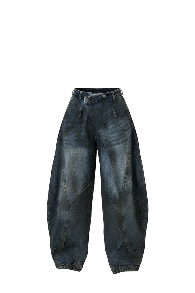 Hush Boutique Willow Vintage Crossover Barrel Jeans in dark wash denim with a unique wrap-around closure and wide leg.