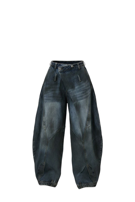 Hush Boutique Willow Vintage Crossover Barrel Jeans in dark wash denim with a unique wrap-around closure and wide leg.