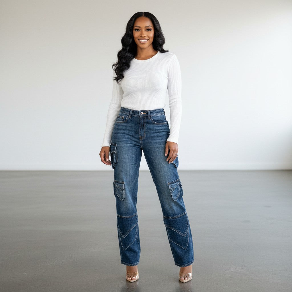 Hush Boutique Clover dark wash denim jeans with high rise, wide leg, and multiple cargo pockets. 98% Cotton, 2% Spandex.
