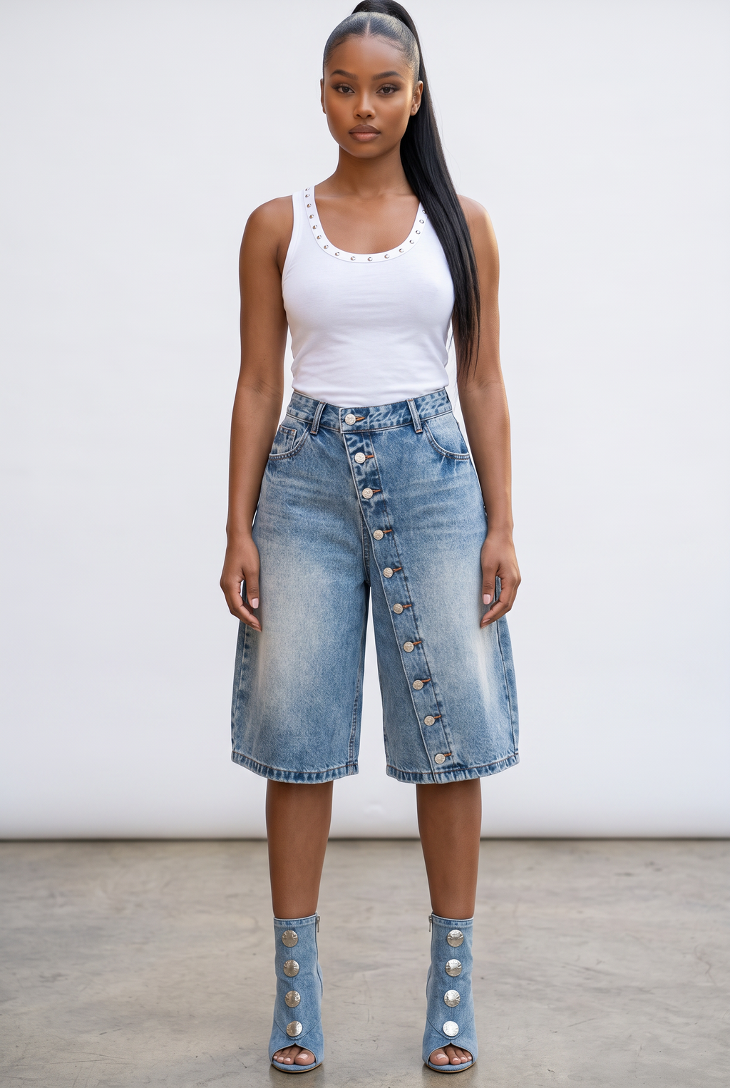 Model wearing Hush Boutique vintage wash denim Bermuda shorts with asymmetrical button detail and matching denim heels.
