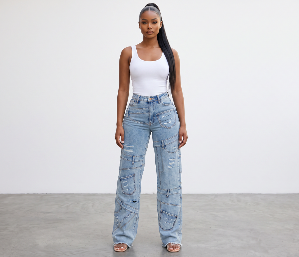 Hush Boutique Pockets Galore denim cargo jeans with distressed details and invisible pockets on a model