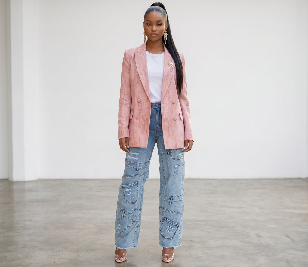 Hush Boutique Pockets Galore denim cargo jeans with invisible pockets worn by a model in a pink blazer