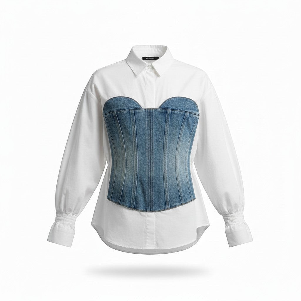 Hush Boutique white button-down shirt with a blue denim corset overlay. Long sleeves with elastic cuffs.