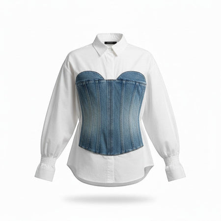 Hush Boutique white button-down shirt with a blue denim corset overlay. Long sleeves with elastic cuffs.