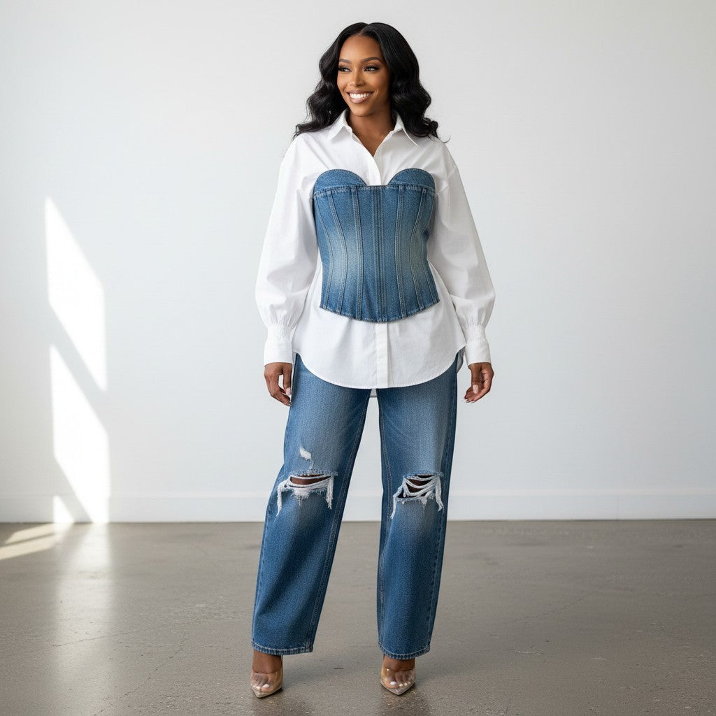 Hush Boutique white button-down shirt with a blue denim corset overlay. Long sleeves with elastic cuffs.