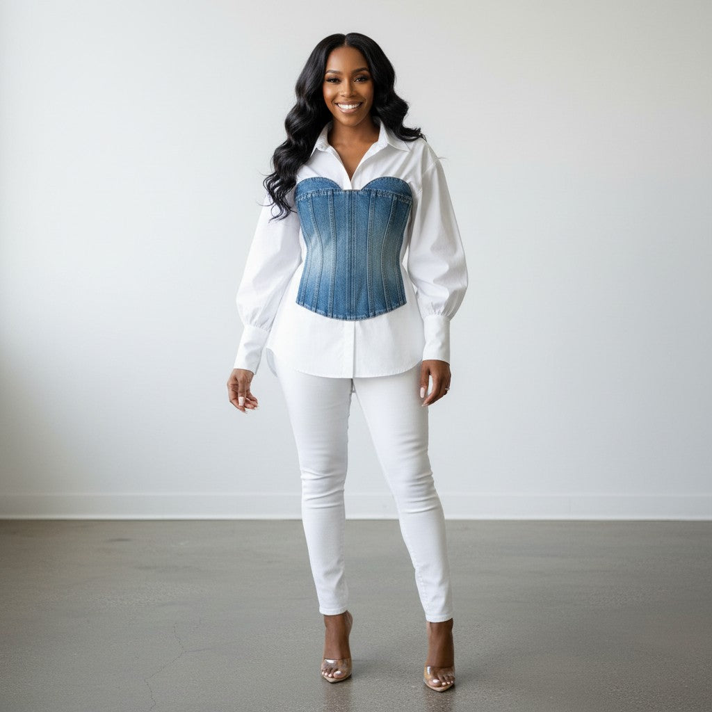 Hush Boutique white button-down shirt with a blue denim corset overlay. Features long sleeves and elastic cuffs.