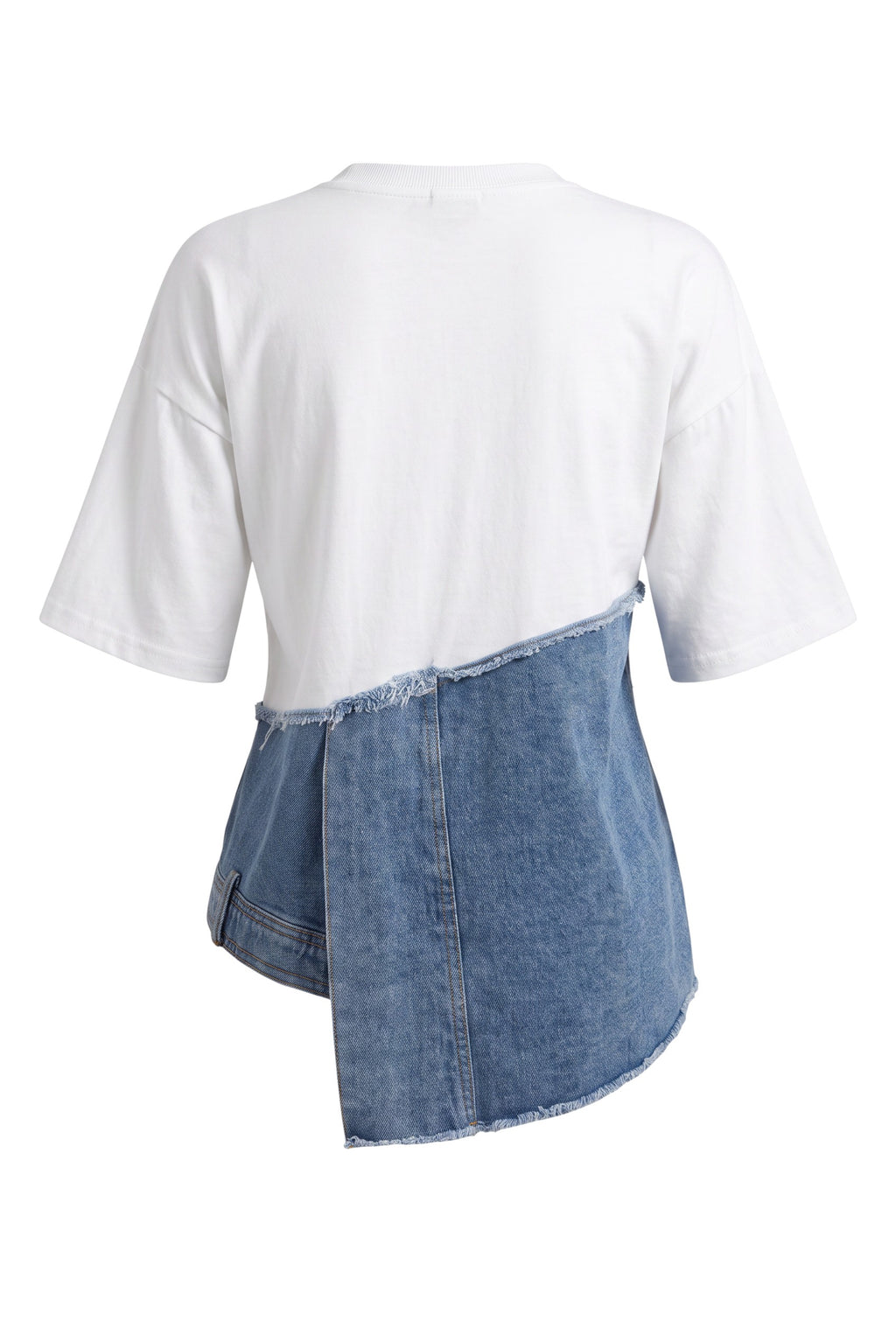 Hush Boutique white cotton t-shirt with an asymmetrical raw-edge blue denim overlay on the back