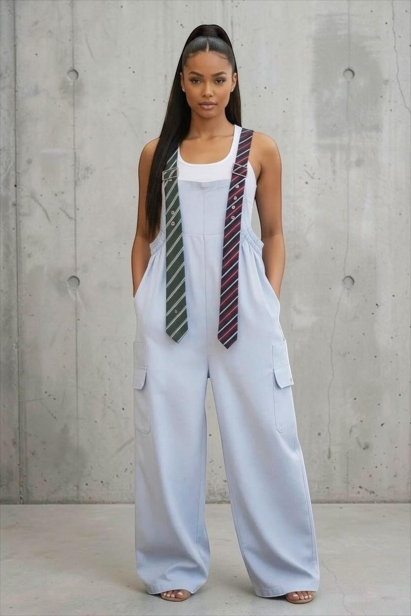 Hush Boutique light blue oversized denim jumpsuit with unique tie-style shoulder straps and cargo pockets