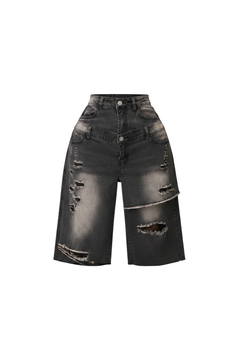 Hush Boutique double layer distressed black denim Bermuda shorts with a high-waisted, washed-out finish.