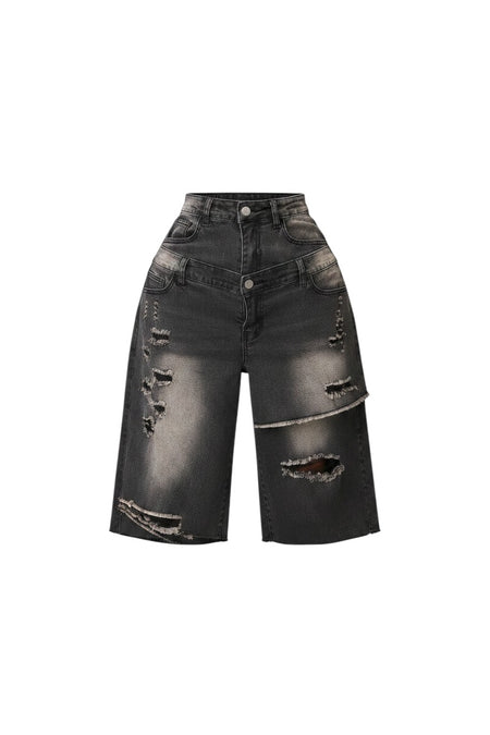 Hush Boutique double layer distressed black denim Bermuda shorts with a high-waisted, washed-out finish.