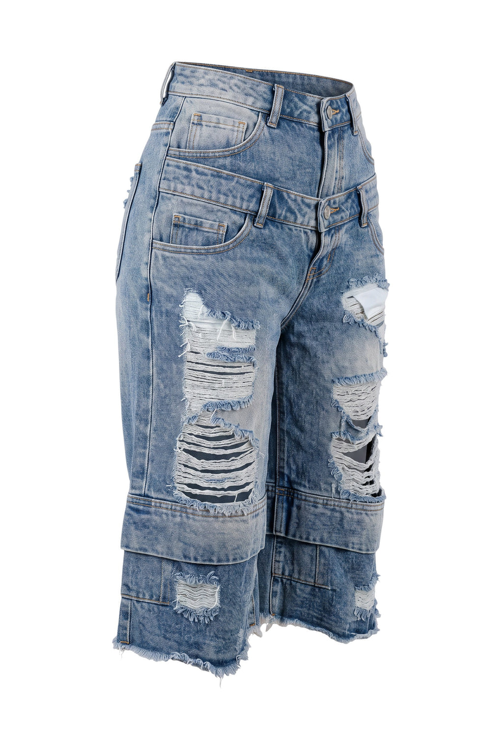 Hush Boutique vintage blue denim jorts with a double-waisted design and heavy distressing on the legs.
