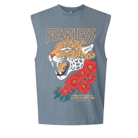 Hush Boutique FEARLESS muscle t-shirt in dusty blue with a graphic print of a leopard and red flowers